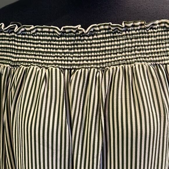 Ces Femme deep olive stripe smocked ruffle neckline lace hem lined midi. Large - Picture 3 of 8